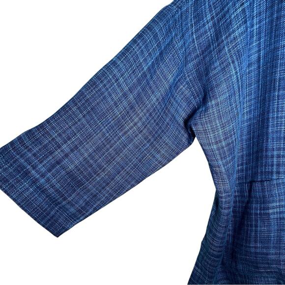 Eskandar Blue Textured Plaid Linen Mandarin Collar Relaxed Button Up Jacket 0 - Picture 9 of 11